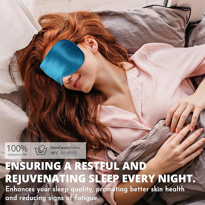 Silk Sleep Mask 100% 22 Momme Mulberry, Sleep Eye Mask for Women Men, Blackout Blindfold with Adjustable Strap, Side Sleeper Eye Cover, Soft Eyeshade Filled with Premium Mulberry Silk (Peacock Blue)