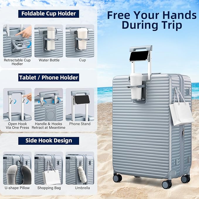 HanTrip Hard Shell Suitcases 28 Inch Large Checked Luggage with Spinner Wheels Cup Holder, Expandable Check in Luggage Lightweight Top Opening Luggage Big Rolling Suitcase with Lock, Silver