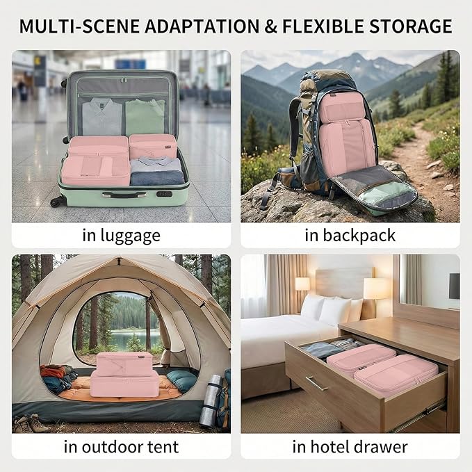 4 Piece Compression Packing Cubes for 3–7 Day Travel, Lightweight Travel Organizers with Breathable Mesh, Double-Zipper Packing Cubes for Carry-On & Suitcases (Dusty Pink)
