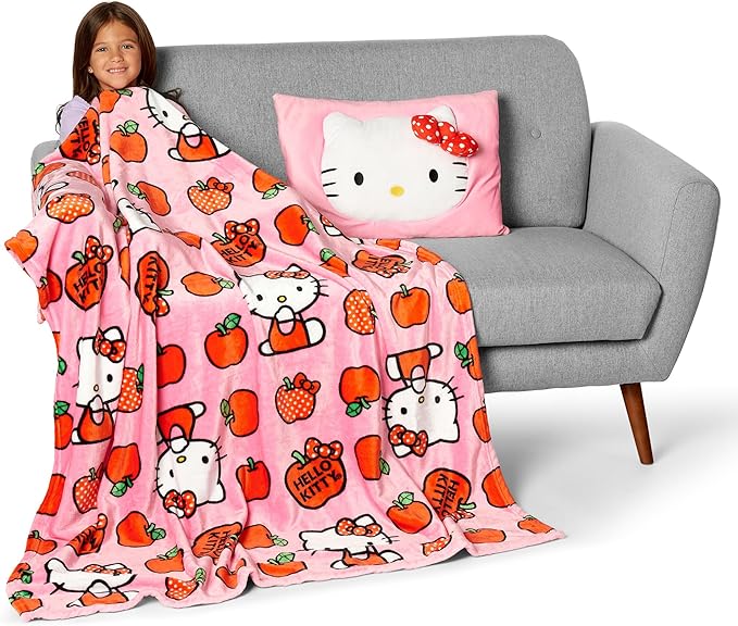 Northwest Sanrio Hello Kitty Forever Sweet Silk Touch Throw Blanket 50" x 60" with 3D Plush Pocket Pillow 14" x 20" – Comfy Hello Kitty Plush Blanket and Pillow Set
