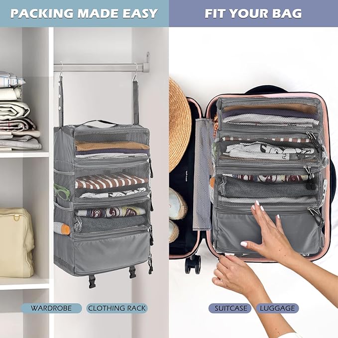 Surblue Travel Hanging Luggage Organizer Portable Suitcase Closet Organizer Multiple Compartments Collapsible Compression Packing Cubes Shelf, LightGray, M