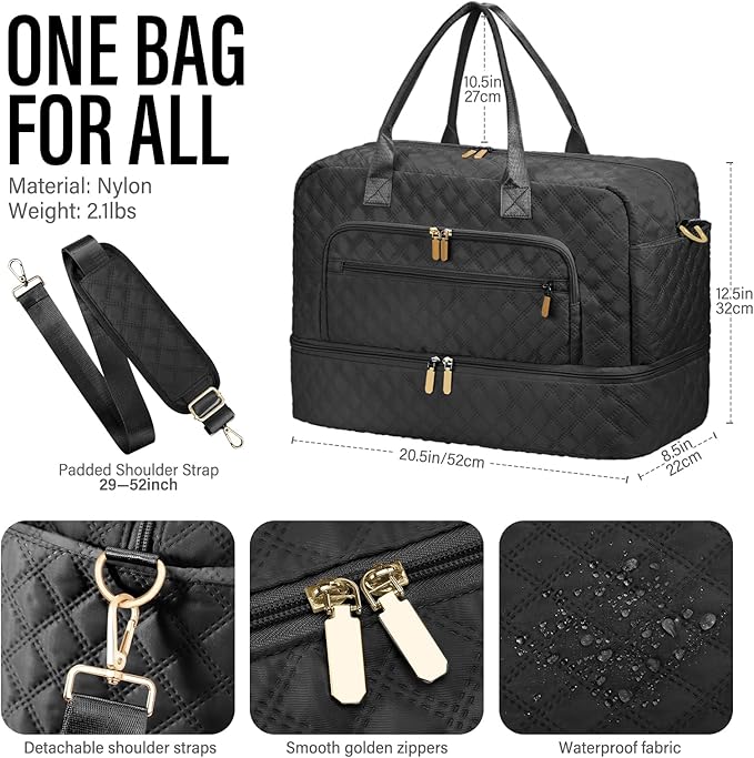 Large Travel Duffle Bag for Women,Carry on Overnight Bag Weekender Bags with Toiletry Bag Travel Bags for Women with Shoe Compartment for Gym Business Trips Sport Hospital(Black)