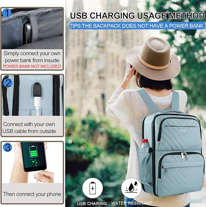 EMPSIGN Carry on Travel Backpack for Women & Men, 17 inch Large TSA Friendly Laptop Backpack with USB Port, Airline Approved Carry On Luggage, Travel Essentials, Weekender Overnight Bags, Light Blue