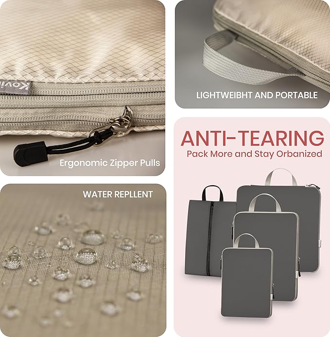 Compression Packing Cubes for Travel, Set of 4 Expandable Luggage Organizers with Shoe Bag, Lightweight Water-Resistant Suitcase Essentials for Carry-on & Checked Luggage, Grey