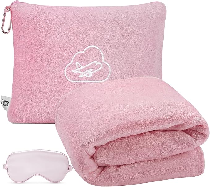 Travel Blanket, Airplane Blanket, Ultra-Soft, Warm & Lightweight, 65x40 in, Outdoor Blanket Essentials for Women, Men & Kids, Included Eye Mask, Luggage Sleeve & Backpack Clip Pink