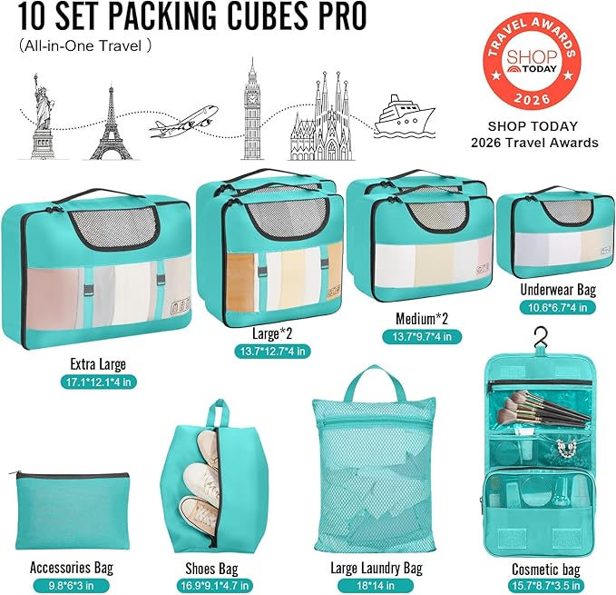Veken 10 Set Packing Cubes for Kids & Toddler, Airplane Travel Essentials, Beach Vacation & Road Trip Suitcase Organizer Bags Set for Luggage, with Hanging Toiletry & Shoe Bag