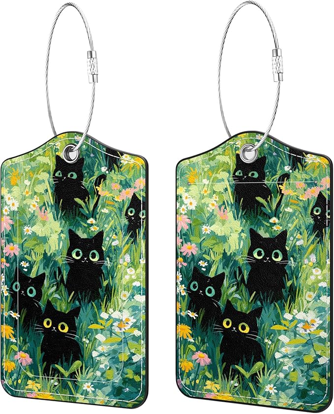 2 Pack PU Leather Luggage Tags for Suitcases, Privacy Protection Cover with Stainless Steel Loop and Address Card, Travel Cruise Essentials (Flower Black Cat)