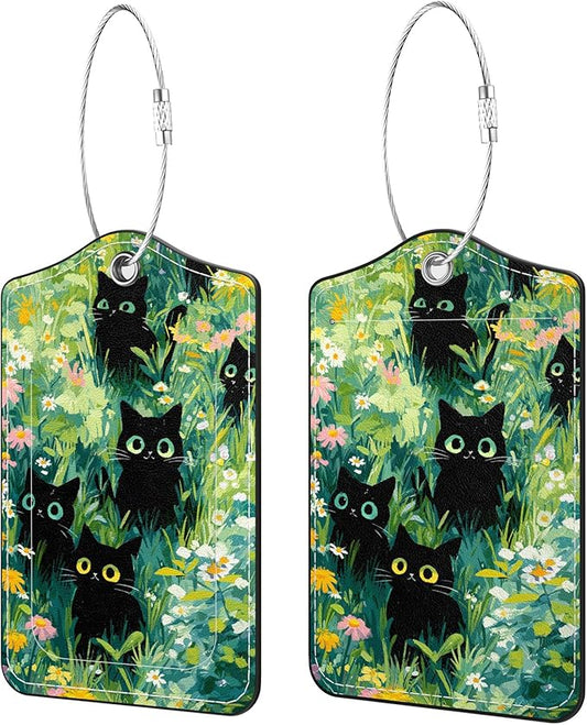 2 Pack PU Leather Luggage Tags for Suitcases, Privacy Protection Cover with Stainless Steel Loop and Address Card, Travel Cruise Essentials (Flower Black Cat)