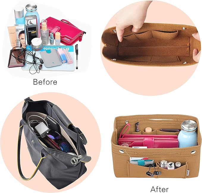 Vercord Felt Purse Tote Organizer Insert Divider Inside Handbag for Women Medium Brown