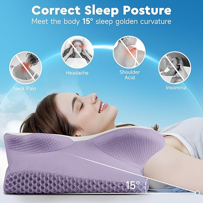 Cervical Neck Pillow, Memory Foam Neck Support Pillows for Sleeping, Shoulder Pillow for Side Sleepers, Back Stomach Sleepers, Queen Size, Lavender Color