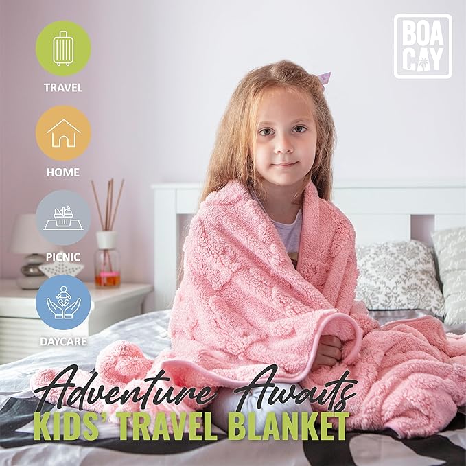 BOACAY Travel Toddler Blanket for Airplane, Car - Soft Kids Throw Blanket for Daycare - Pillow for Girls, Boys with Backpack Clip, Luggage Sleeve