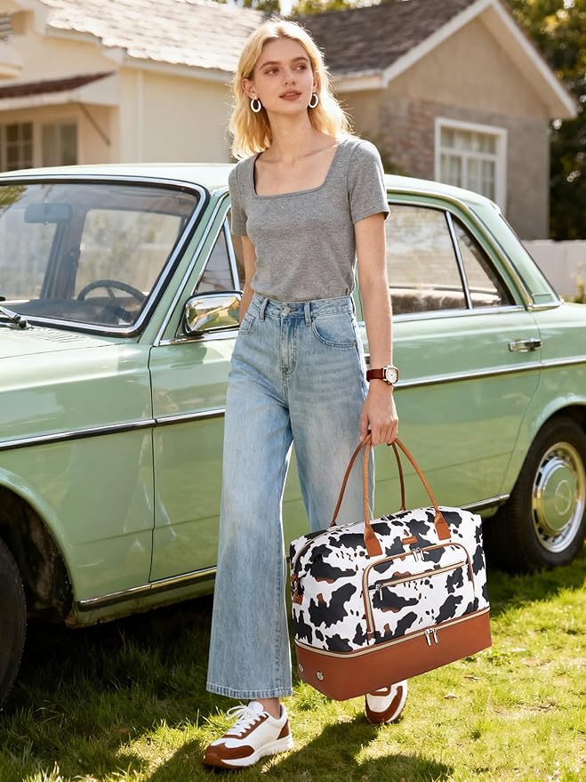 Weekender Bags for Women, Travel Duffle Bag Carry On Overnight Bag with Cosmetics Bag and Crossbody Purse for Gym Hospital, Gifts for Women, Cow Print Brown