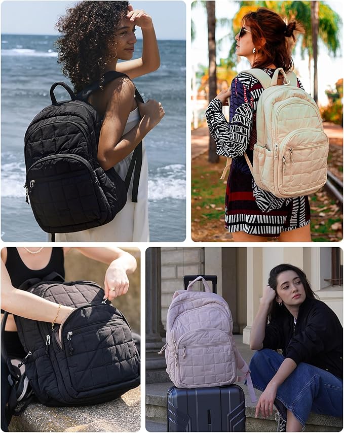 BAGSMART College Laptop Backpack, Travel Backpack for Women, Quilted Casual Daypack, Water-Resistant Bookbag for 15.6 Inch Laptop, Beige