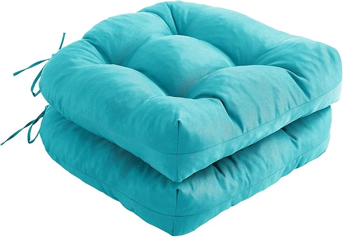 Outdoor Chair Cushions Set of 2, Patio Chair Cushions with Ties, 17x17+4” Tufted Outdoor Seat Cushions, Waterproof Patio Furniture Cushions, Outdoor Dining Chair Pads, Teal