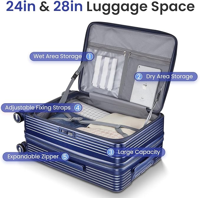 3 Piece Luggage Set 100% PC Hardshell, Front Opening Expandable Suitcase (20/24/28) with Laptop Compartment & Free Custom PVC Covers, Lightweight Spinner Wheels TSA Lock (Navy Blue)