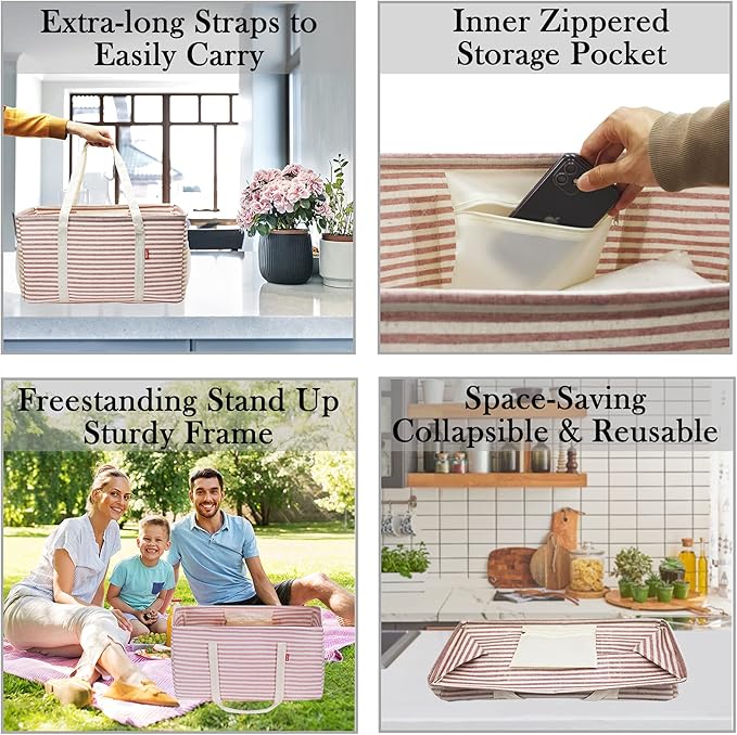 LHZK 2 Pack Extra Large Utility Tote Bag with Metal Wire Frame and the Sides Rinforced, Extra Large Tote Bag with Handle for Pool Beach Laundry Storage (Pink) | 22.5''x10.5''x12''