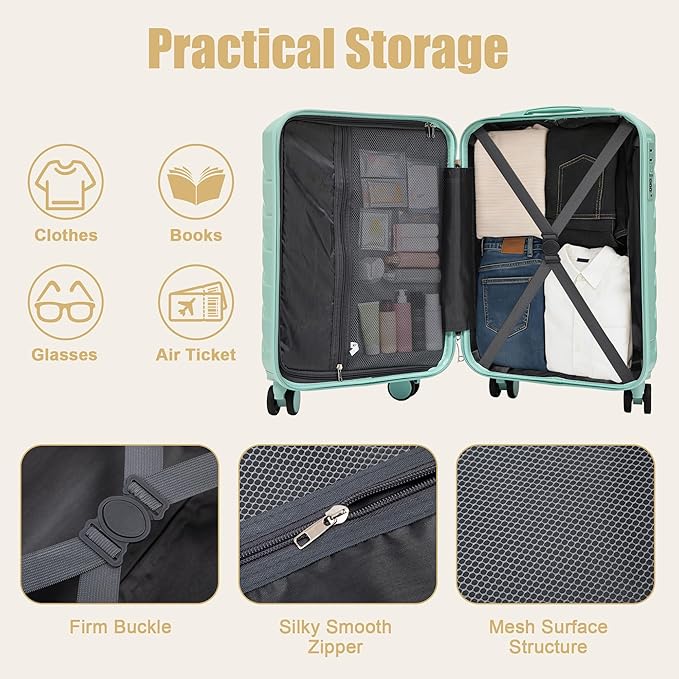 20 Inch Carry On Luggage, Lightweight ABS Hard Shell Suitcase with Spinner Wheels, Durable Travel Luggage with Combination Lock & Side Hooks for Men Women, Green