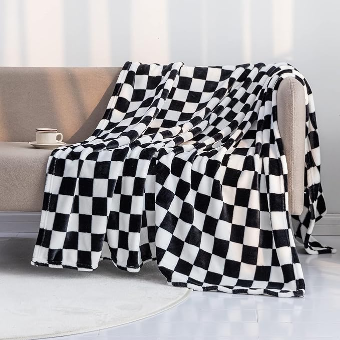 LOMAO Throw Blankets Flannel Blanket with Checkerboard Grid Pattern Soft Throw Blanket for Couch, Bed, Sofa Luxurious Warm and Cozy for All Seasons (Black, 90"x110")
