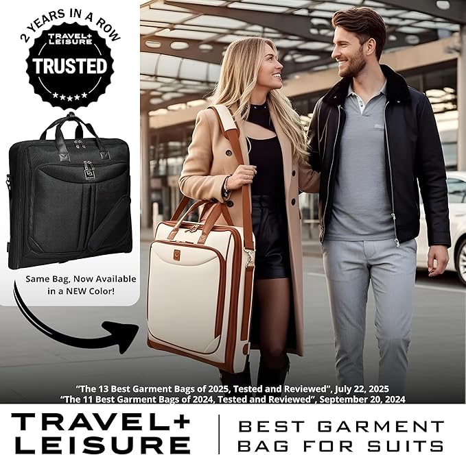 ZEGUR Premium Garment Bag Carry On for Women - Hangs Blazers, Pantsuits & More - Travel Bag with Shoulder Strap and Laptop Compartment (Beige with Saddle Brown Leather)