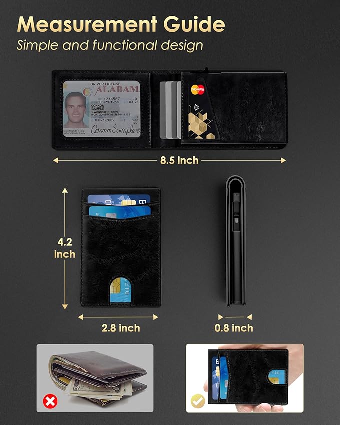 QLD Wallet for Men - RFID Blocking [Functional & Practical] Bifold Slim Minimalist Credit Card Holder Pop Up Metal Case with Cash Slot, Front Pocket with ID Window, Gift Boxed (BLACK)