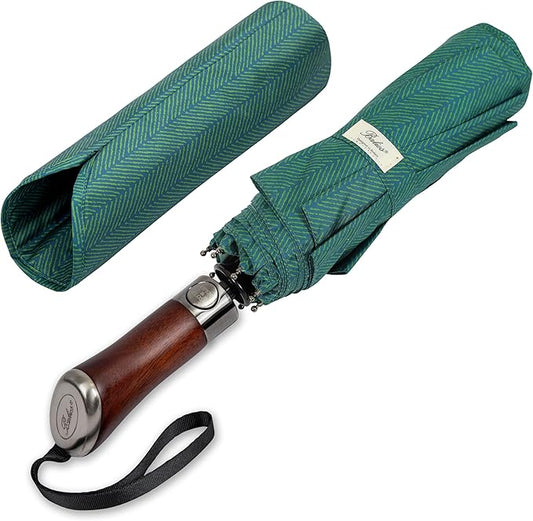 Balios (Designed in UK) Travel Umbrella Luxurious Golden Hardwood Handle Auto Open & Close Windproof Frame Single Canopy Automatic Folding Umbrella Men's & Ladies