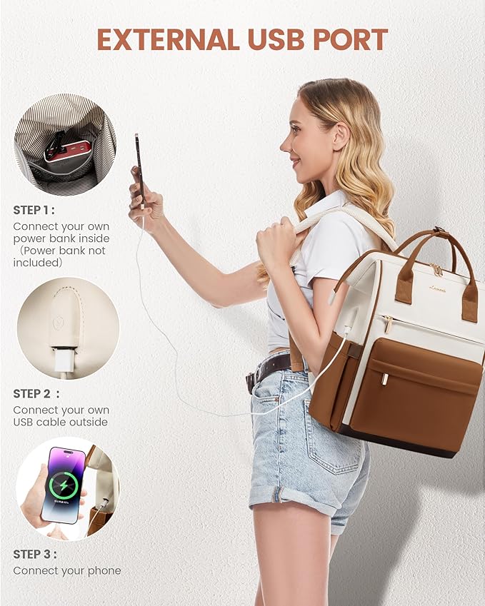 LOVEOVOOK 15.6 Inch Laptop Backpack for Women, Large Capacity Travel Backpack with USB Charging Port, Waterproof Work Backpack for Business, College, Nursing & Airline Travel,Brown White
