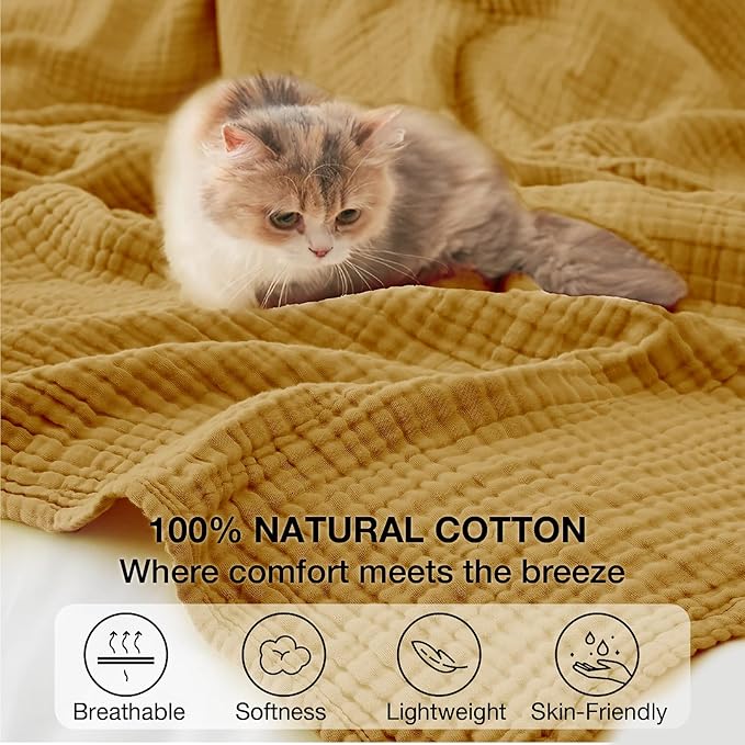 100% Cotton Muslin Blanket 50"x 60", 6 Layers Breathable and Lightweight Cotton Throw Blankets for Couch, Soft Cooling Summer Gauze Blanket for Adults All Season, Mustard