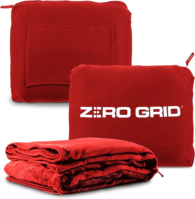 Zero Grid Lightweight Travel Blanket – Premium Compact Wearable Airplane Blanket with Neck Snaps, Cozy Foot Pockets, Zipper Pouch, converts to Soft Pillow for Ultimate Comfort - Scarlet