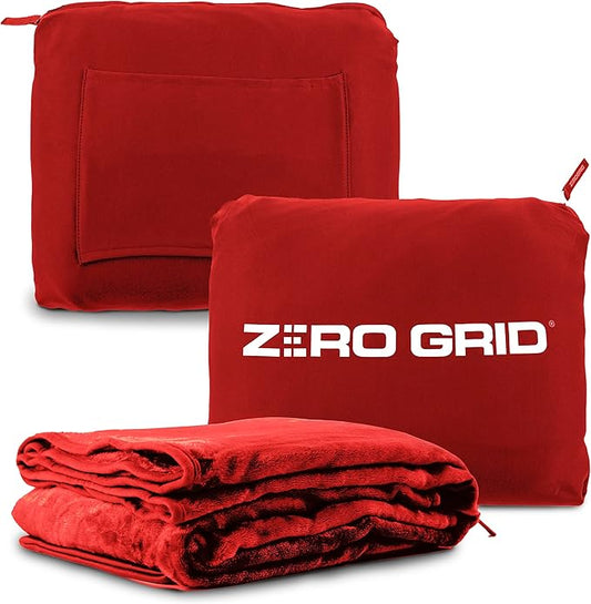Zero Grid Lightweight Travel Blanket – Premium Compact Wearable Airplane Blanket with Neck Snaps, Cozy Foot Pockets, Zipper Pouch, converts to Soft Pillow for Ultimate Comfort - Scarlet