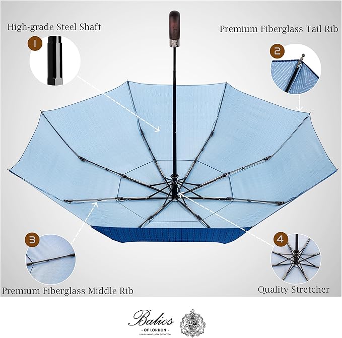 Balios Travel Folding Umbrella with Real Wood Handle Auto Open Close Vented Windproof Canopy - Designed in UK