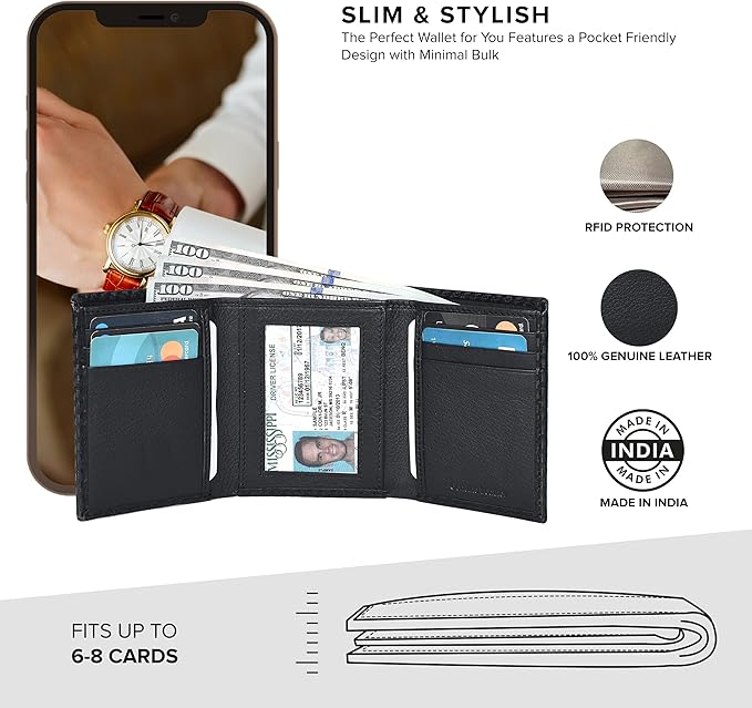 Real Leather Mens Trifold Wallet RFID Blocking Slim Minimalist Front Pocket - Thin & Stylish with ID Window in Gift Box
