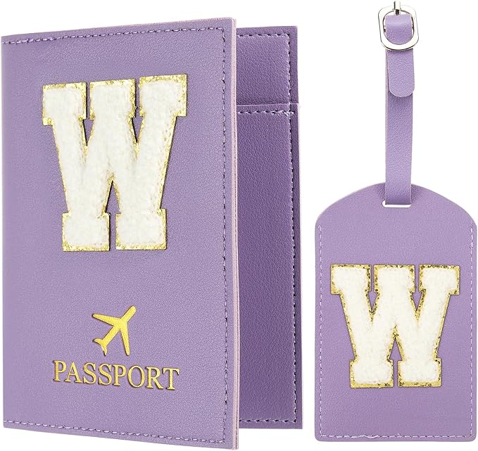 PATIKIL Passport Holder for Travel, Initial Passport Cover and Luggage Tag Set with Alphabet Chenille Letter Patch Travel Wallet Bag Suitcase Identifier for Women Family Travel Purple W