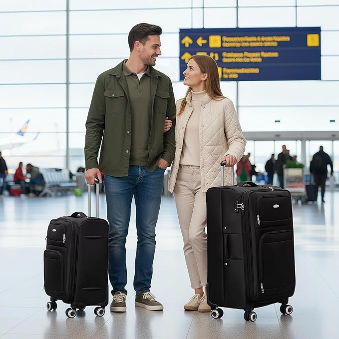 Softside Luggage Sets 2 Piece,Expandable15% Lightweight Durable Suitcase Sets Double Spinner Wheels & w/Combination LOCK（Black,20in/30in）