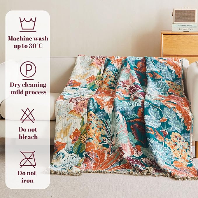 MSGKV Boho Throw Blanket for Couch 100% Cotton Floral Blanket 50"x60" Sofa Bed Chair Blanket All Seasons Farmhouse Muslin Spring Breathable Lightweight Blankets Home Decor