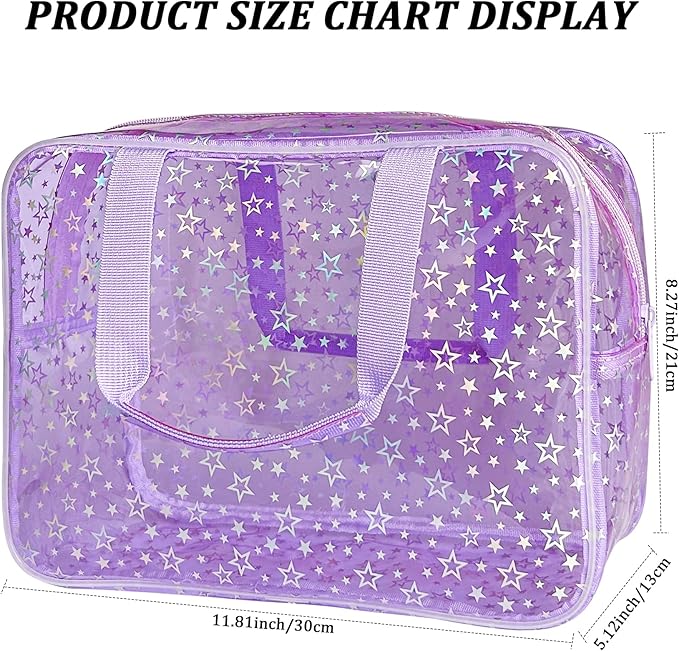 Clear Star Large Cosmetic Bag and Travel Pouch with Handle,Durable Material,Zipper Design-Ideal for Makeup,Travel Essentials (Purple+Shiny Star)