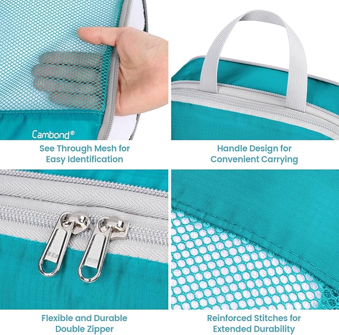 Cambond See Through Mesh Compression Packing Cubes - 4 Piece Expandable Space Saving Packing Cubes for Travel, Lightweight Travel Bags Luggage Packing Organizer Essentials for Suitcases, Lake Blue