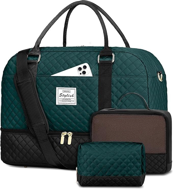 Travel Duffle Bag Weekender Bags: Duffel Bag with Shoe Compartment Carry On Overnight Bag with Wet Pocket Yoga Gym Bags Hospital Bags for Labor and Delivery 3 Pcs Set Black Green