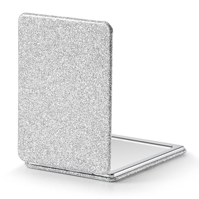 OMIRO Compact Mirror, Glitter PU Leather 1X/3X Magnification, Ultra Portable for Purses, 2.4" W x 3.4" L (Silver)