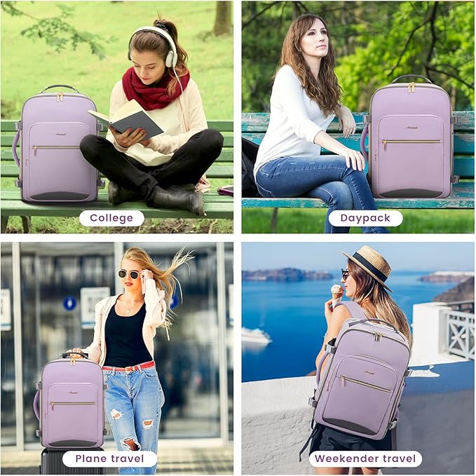 LOVEVOOK 40L Large Travel Backpack for Women Men, 17 Inch Carry on Backpack for Traveling on Airplane, Personal Item Travel Bag Airline Approved, Business Causal Weekender Backpack, Light Purple-Grey