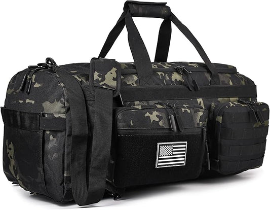 LHI 50L Tactical Duffle Bag for Men, 3-in-1 Gym Duffle and Backpack, Shoe Compartment, Laptop Sleeve and MOLLE, Carry-On Travel Weekender and Overnight Bag – Black CP Camo