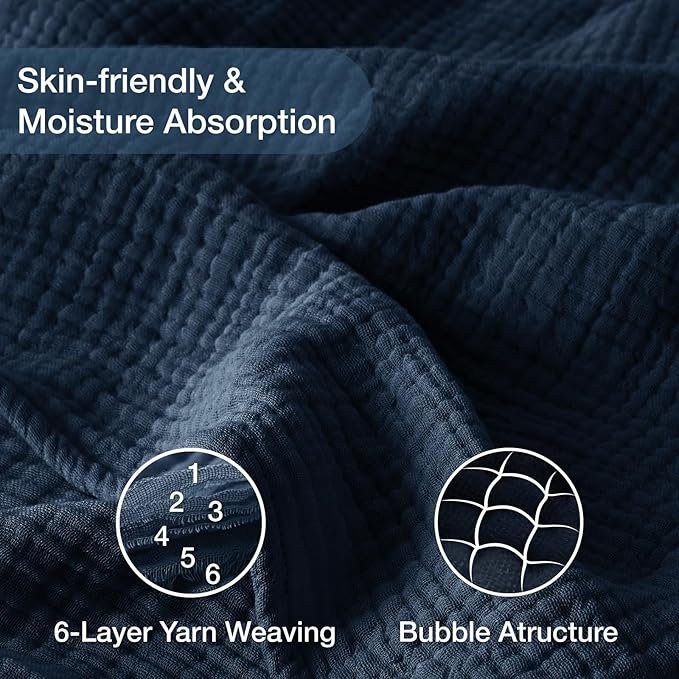 100% Cotton Muslin Blanket 40" x 40", Breathable and Lightweight Cotton Throw Blankets, Soft Cooling Summer Gauze Blanket for All Season, Navy Blue