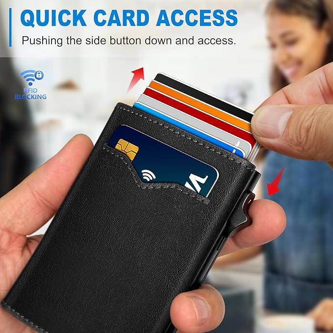 miyozi Wallet for Men,with Cash Pocket 2 ID Window 9-13 Cards,Metal Case Smart Slim Pop Up Credit Card Holder Flip with Magnetic Closure RFID Blocking Trifold wallet with Gift Box