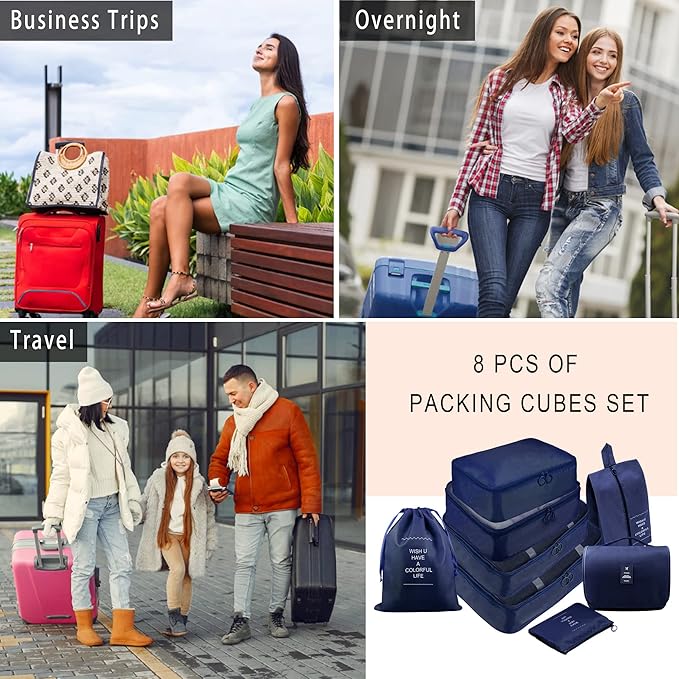 Packing Cubes, 8 Pcs Travel Packing Organizers for Suitcases, Large Capacity Travel Luggage Organizers Set includes 8 Storage Bags, Travel Essentials for Women or Men (Navy Blue)