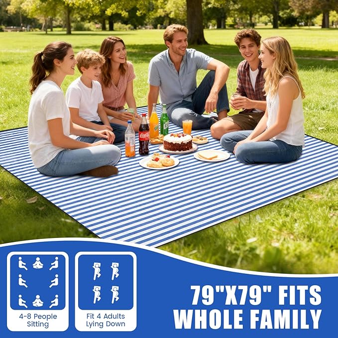 G GOOD GAIN Waterproof Picnic Blanket, 79"x79" Extra Large Beach Mat for 6 to 8 Adults, Machine Washable Outdoor Blanket for Camping, Grass, Park, Camping, Concerts, MiddleBlue