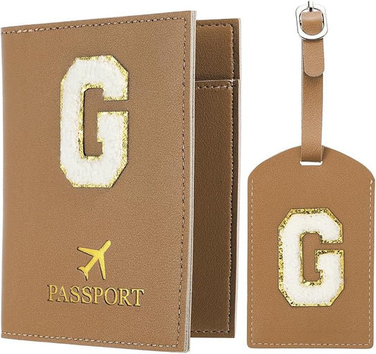 PATIKIL Passport Holder for Travel, Initial Passport Cover and Luggage Tag Set with Alphabet Chenille Letter Patch Travel Wallet Bag Suitcase Identifier for Women Family Travel Brown G