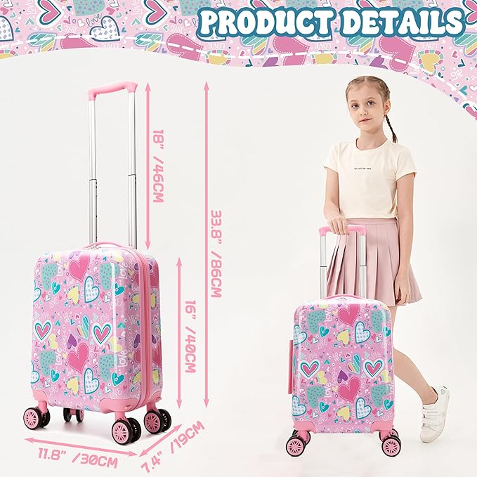 Kid's Luggage Set 5 Piece Suitcase Set 16" Hardside Luggage with Spinner Wheels Girls Carry on Toddler Travel Rolling Suitcase with Neck Pillow Airline Approved