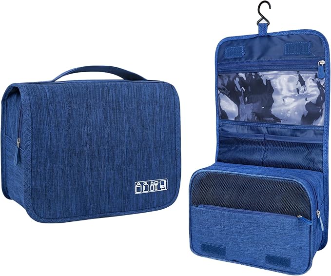 Large Capacity Toiletry Bag Travel Bag with Hanging Hook for Men and Women Waterproof Travel Cosmetic Bag Bathroom Storage Bag for Brushes Set, Full-Sized Shampoo, Toiletries, (Navy Blue)