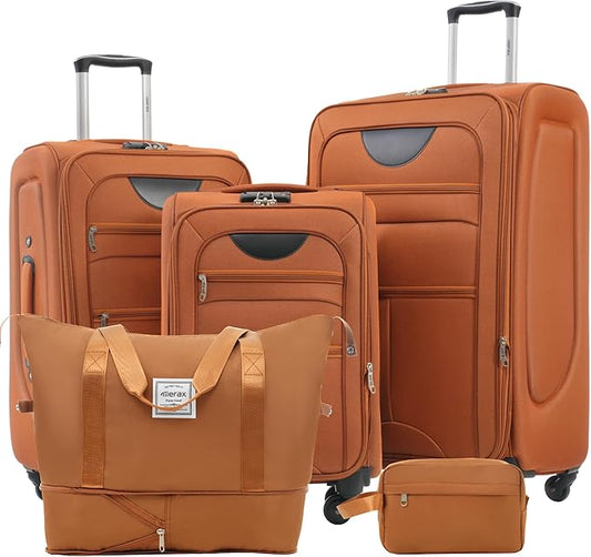 Merax Softside Luggage Set Softshell Lightweight 3 Piece Spinner Suitcase with Duffel Bag Expandable Upright Travel Luggage 22" 26" 30",Orange