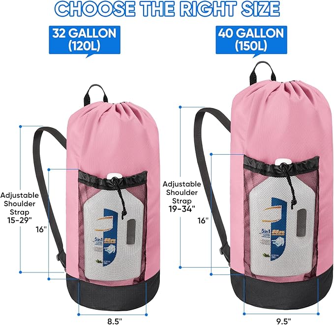 BALEINE 2PK 150L Laundry Bag Backpack, 900D Oxford Fabric Large Travel Laundry Bags with Shoulder Straps and 2 Mesh Pockets for College Dorm, Apartment, Laundromat (Pink, 150L)