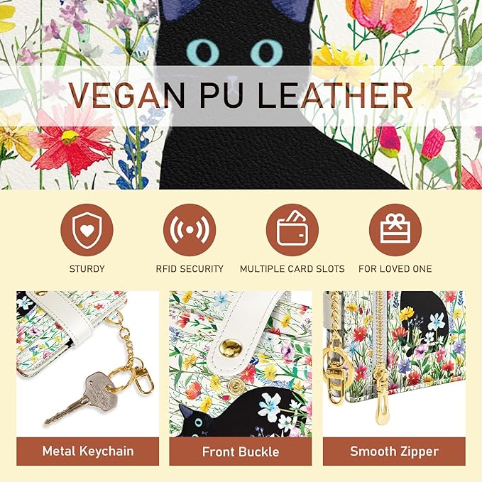 Jogjam Black Cat Flower Floral Aesthetic Rfid Women Wallet, Cute Small Slim Thin Compact Credit Card Wallet, PU Leather Bifold Cash Wallet, Zipper Coin Pocket ID Window, Girls Girly Teens Gifts
